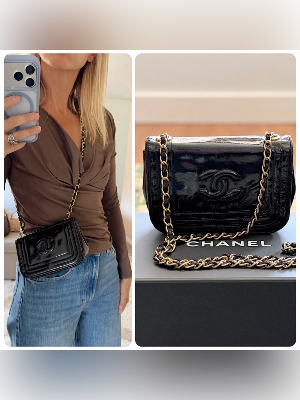 Vintage CHANEL CC Black Patent Leather Mini Crossbody Shoulder Bag + Box